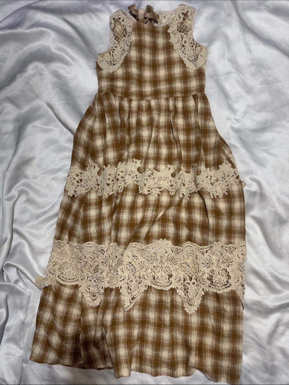 Mia joy Brown Plaid Dress with Cream Lace Yoke